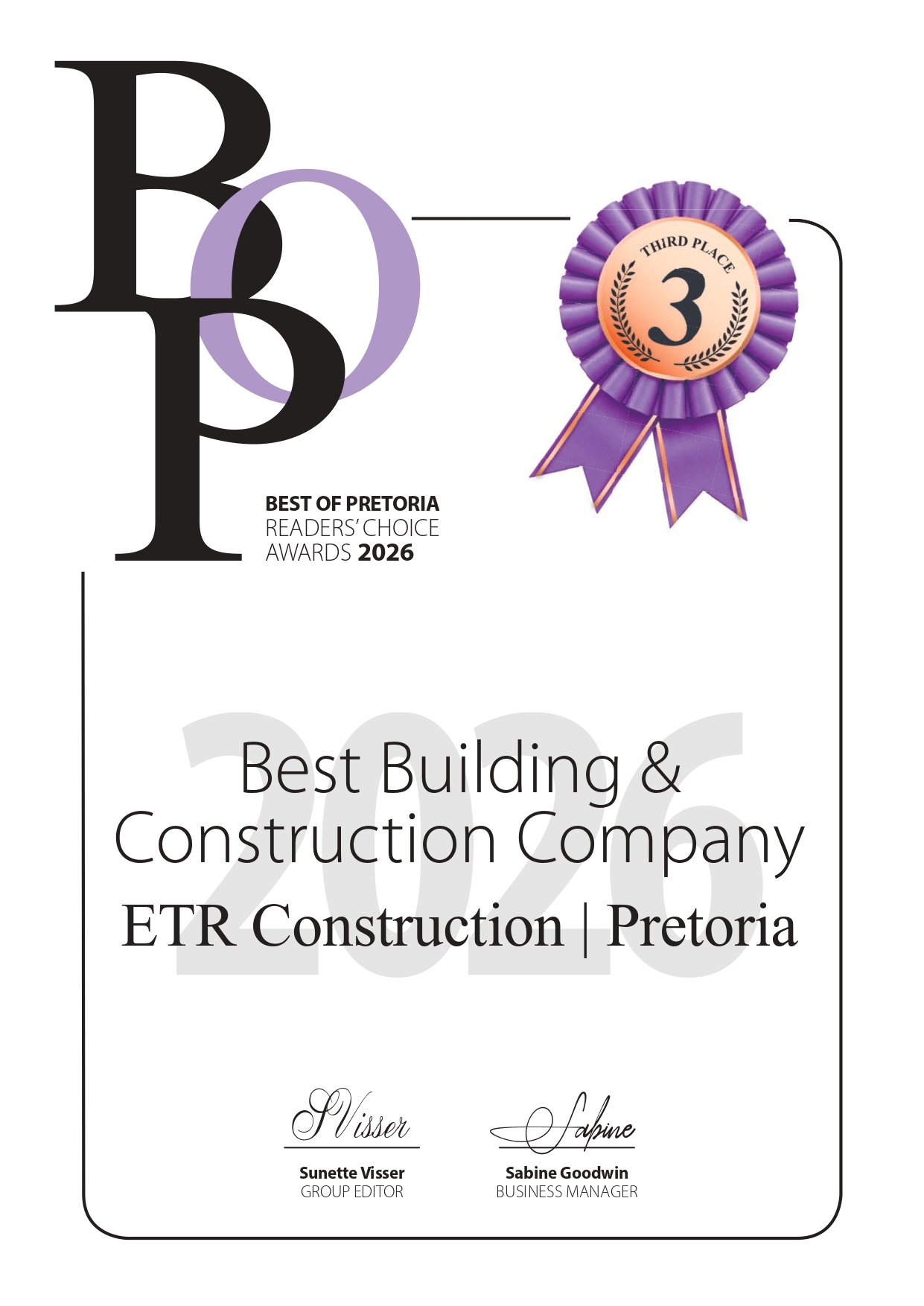 ETR Construction award for Best Building Construction Company